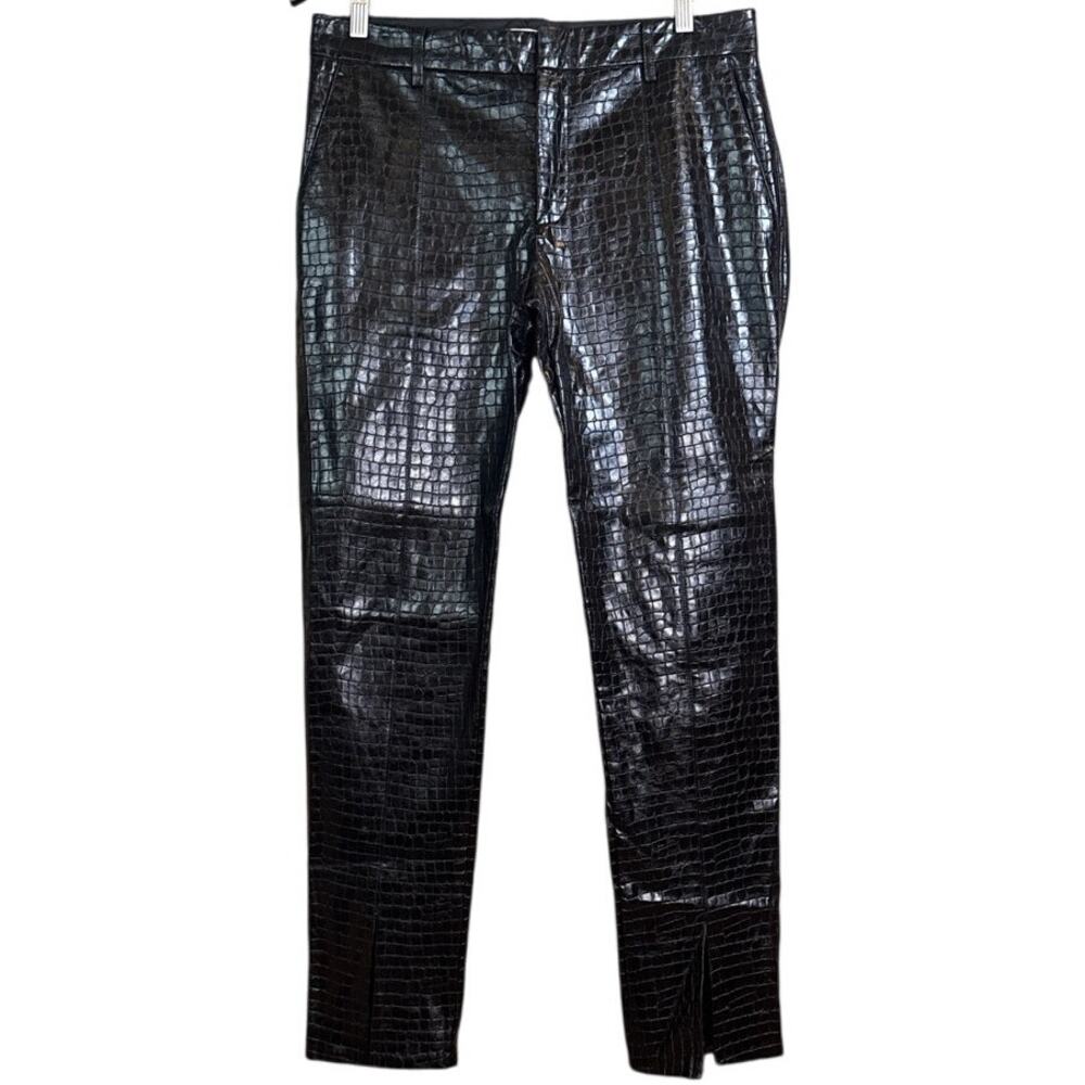 NEW Zara Croco Embossed Faux Leather Trousers Pants Black Size Large